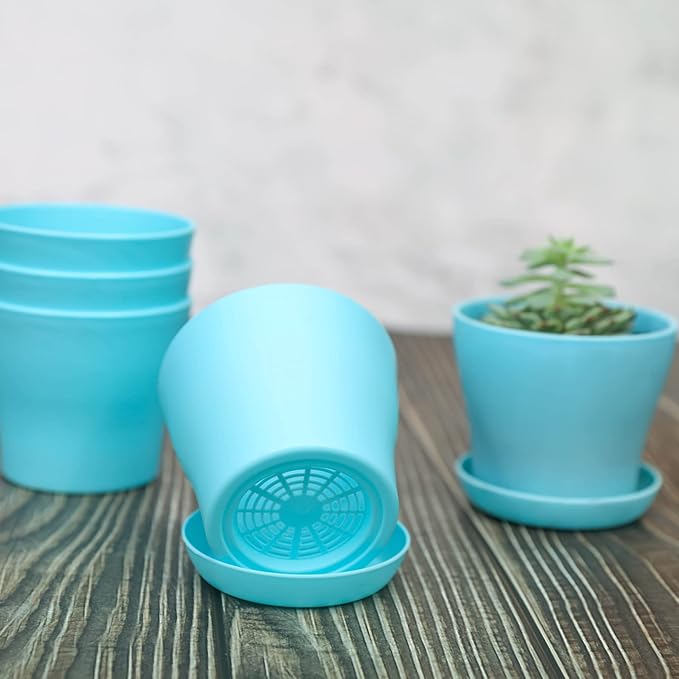 TDHDIKE 10 Pcs Plastic Planters Indoor Flower Plant Pots, Mini Flower Seedlings Nursery Pot/Planter/Flower Pot with Pallet, Modern Decorative Gardening Containers (Blue)