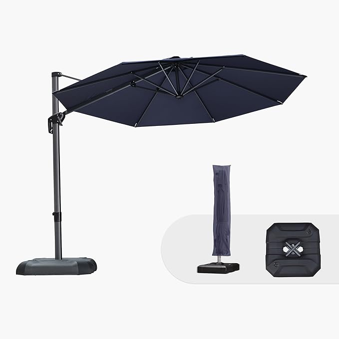 PURPLE LEAF 10 Feet Patio Umbrella with Base and Cover Round Outdoor Cantilever Umbrella Aluminum Offset Umbrella with 360-degree Rotation for Garden Deck Pool Patio Navy Blue