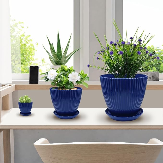 7.5/6.5/5.5/4.9/4.2/3.5 Inch Plant Pots with Saucers & Drain Holes - Indoor/Outdoor Flower Pots for Succulents, Herbs, Cactus - Modern Lightweight Durable Planter Set, Blue