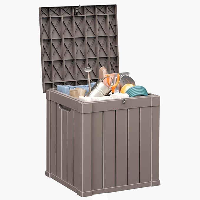 ROJIK 57 Gallon Outdoor Storage Housing Deck Box - Waterproof Patio Furniture, Garden Tools, Cushions, Pool Accessories Storage Bench with Lockable Lid and Side Handles（Grey）