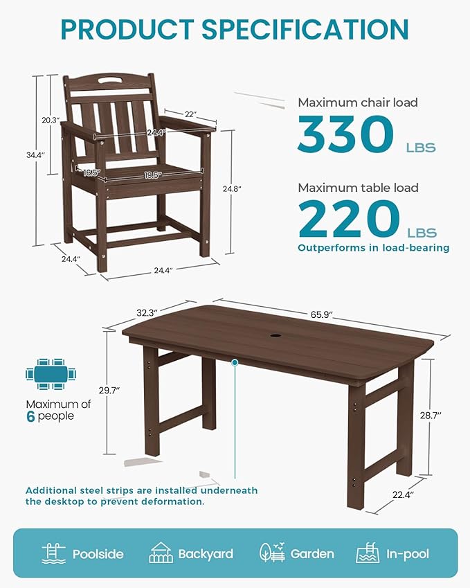 Ciokea HDPE Outdoor Dining Table with Umbrella Hole,66" Rectangle Patio Table for 6,All-Weather Outdoor Patio Furniture Set for Garden Backyard,Brown