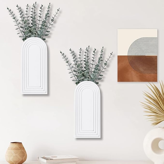 2 Pack Wooden Wall Vase Set - White Finish Modern Farmhouse & Boho Wall Decor for Entryway, Hallway, Bathroom, Living Room, Dining Room, Narrow Spaces