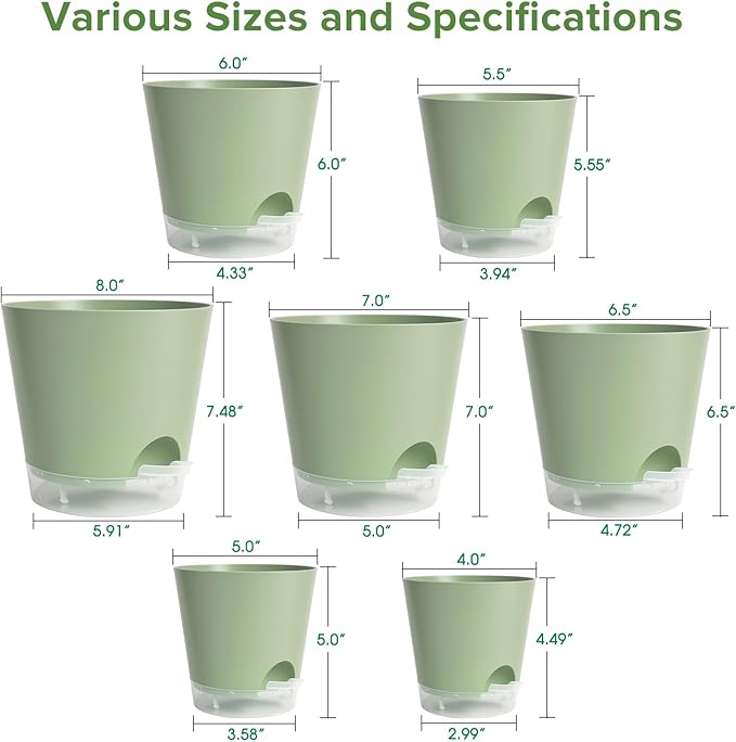 GARDIFE 2026 Upgraded Self Watering Plant Pots with Drainage Hole, 8/7/6.5/6/5.5/5/4 Inch Flower Planting Containers for House Plants, African Violet, Flowers, Cactus (Green, 8+7+6.5+6+5.5+5+4 inch)