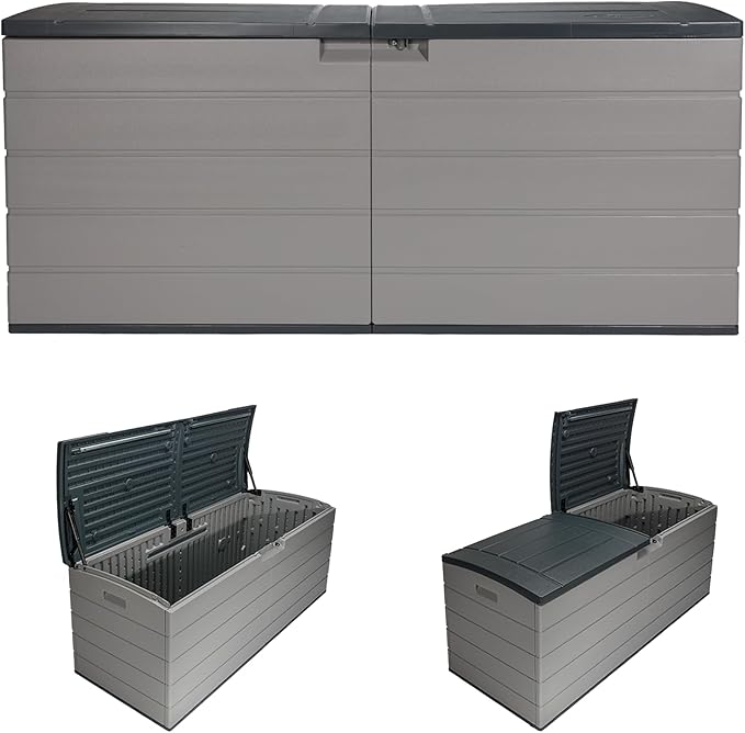 Suncast 120 Gallon Deck Box - Resin Outdoor Storage Box for Patio Cushions, Pool Accessories, & Garden Tools, Lockable Outdoor Storage Bin with Split Lid, Extra Large Dove Gray Outside Container