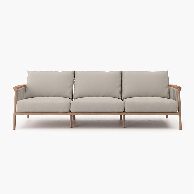Acanva Modern All-Weather Aluminum Outdoor Patio Sofa with Thick Cushions, Olefin Fabric Sunroom Backyard Furniture, Couch Light Khaki