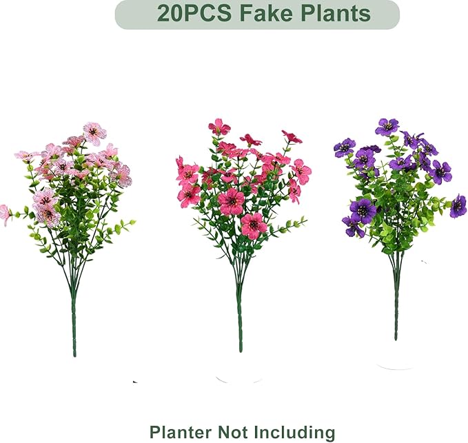 Artificial Flowers for Outdoor, UV Resistant Fake Silk Flowers, Realistic Faux Plants for Outside Indoor Porch Patio Window Box Planter Home Decor (20, Purple Rosy Pink)