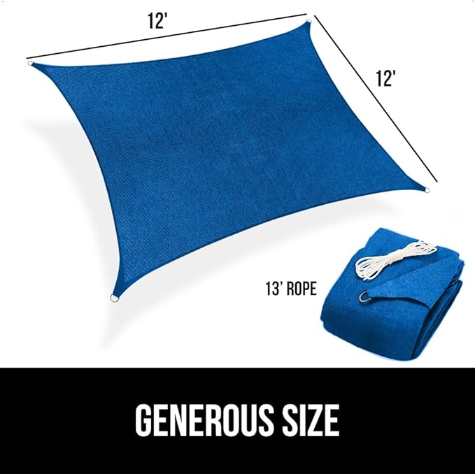 GORILLA GRIP Heavy Duty Sun Shade, UV Protection Fade Tear and Rust Resistant Rectangle Sunshade Canopy, Curved Edges Blocks Sunlight, Breathable Sail, Outdoor Patio, Lawn Garden 12x12 FT Blue