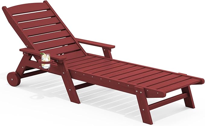 SERWALL Patio Chaise Lounge Chair, 78'' Long HDPE 5 Positions Adjustable Outdoor Lounger, Poly Lounge Chair with Rolling Wheels & Cup Holder for Pool, Dark Red