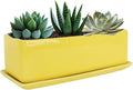 Vencer 14 Inch Rectangular Modern Minimalist Ceramic Succulent Planter Pot - Window Box with Saucer,Office Desktop Potted Stand,Yellow,VF-0173Y