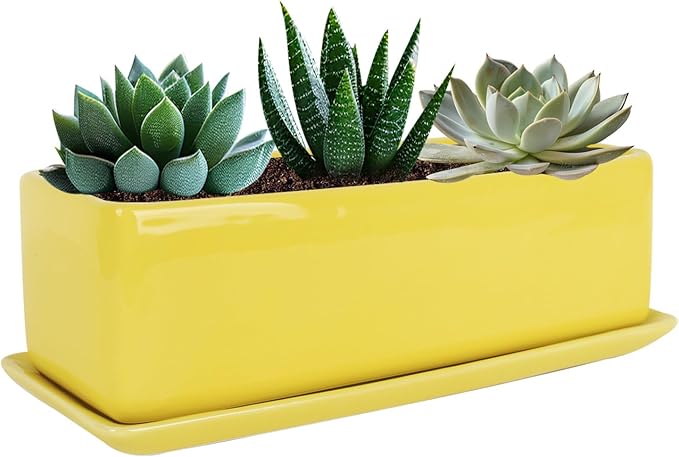 Vencer 14 Inch Rectangular Modern Minimalist Ceramic Succulent Planter Pot - Window Box with Saucer,Office Desktop Potted Stand,Yellow,VF-0173Y