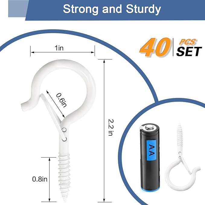 ADIIL 40 PCS Q Hanger Hooks with Safety Buckle, Windproof Screw Hooks for Hanging Outdoor String Lights, Plants, Christmas Patio Lights, 2.2 Inches, White