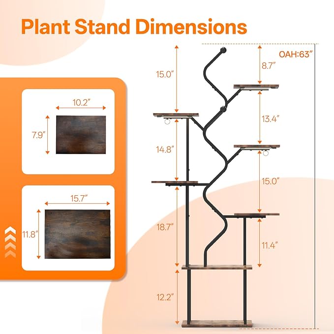 Bstrip 63 Inch Plant Stand with Grow Light, 7-Tier Indoor Plant Shelf with Hanging Hooks, Decor Corner Plant Stand for Living Room & Patio, Black