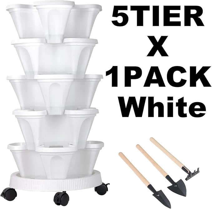 GameXcel Vertical Planter 5 Tier Stackable Planters Garden Planters Strawberry Herb Flower and Vegetable Planter Indoor Outdoor Gardening Pots with Removable Wheels and Tools White