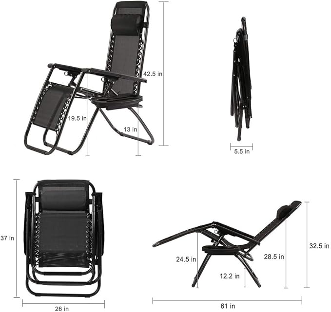 FDW Zero Gravity Chairs Set of 2 Black Lounge Patio Chairs Outdoor Yard Beach with Cup Holders, Black