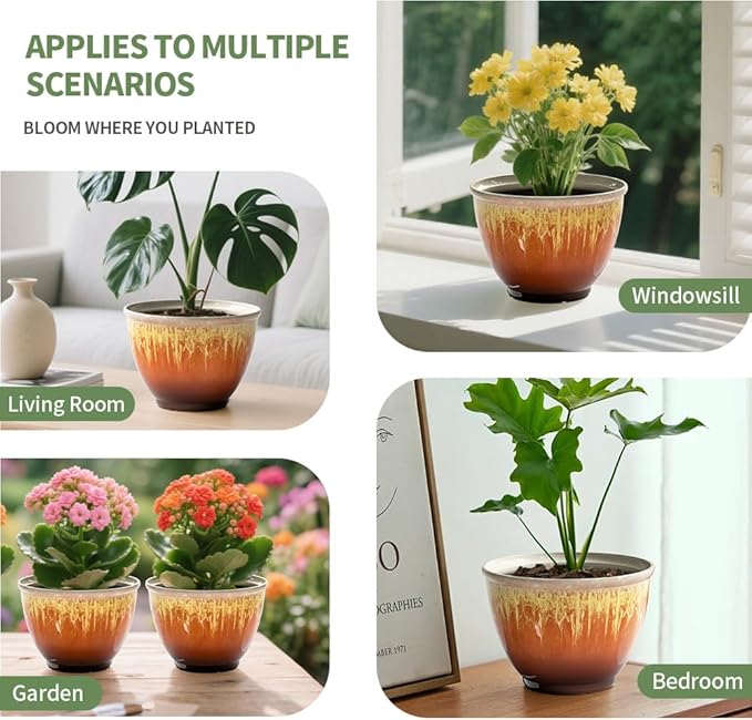 4 Pack Plastic Plant Pots Indoor with Drainage Hole, 8 Inch Glazed Planters for Indoor Outdoor Plants, Garden Flower Pots for Office Home Decor(Orange Glaze)
