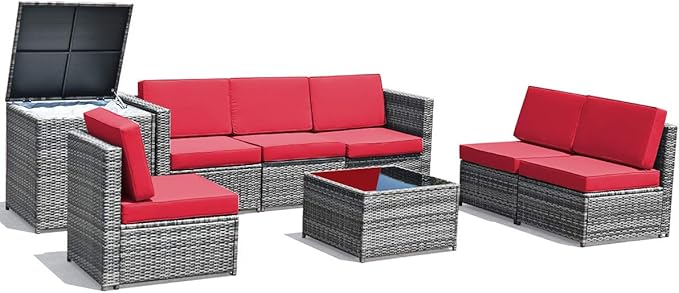 Tangkula 8 Pieces Wicker Patio Furniture Set with Storage Deck Box, PE Rattan Outdoor Sectional Sofa Conversation Set with Coffee Table & Cushions, Outside Furniture for Garden Yard Poolside (Red)