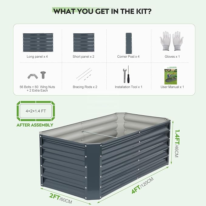 ZORMY 4×2×1.4ft Galvanized Raised Garden Bed Kit, Metal Planter Boxes Outdoor, High Raised Beds for Vegetables, Fruits, and Flowers - IronGrey