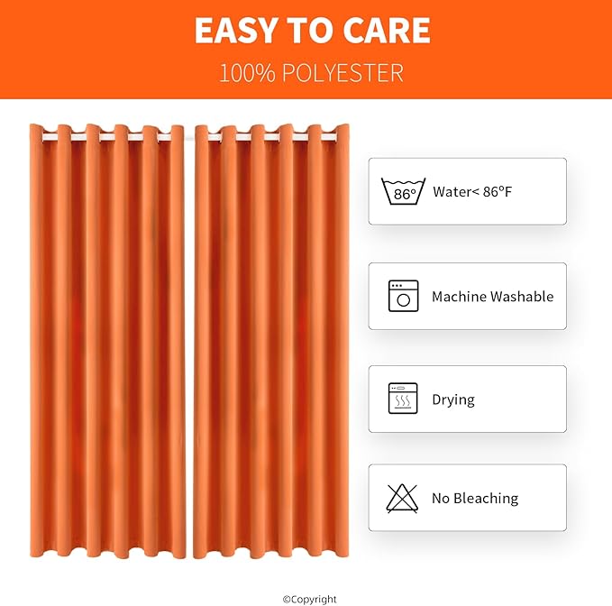 DIVA EN CAMINO DEC Outdoor Patio Curtain Waterproof Darkening Thermal Insulated Indoor Curtains for Bedroom, Porch, Living Room, Pergola, Cabana, W84 x L108, Orange, Set of 2 Panels