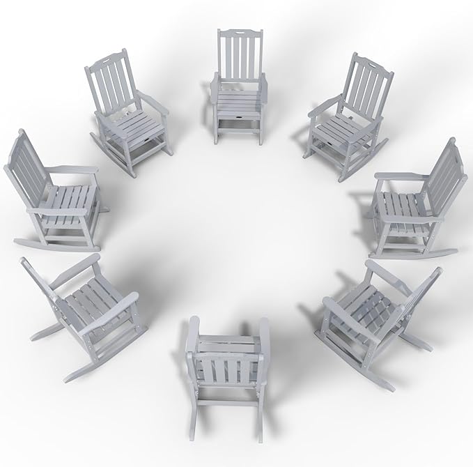 Oversized Rocking Chair Set of 8, Outdoor Rocking Chair for Adults, All Weather Resistant Porch Rocker for Lawn Garden, White