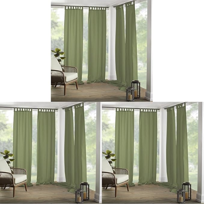 Elrene Home Fashions Matine Weatherproof Tab-Top Indoor/Outdoor Solid Color Curtain Panel for Porch, Pergola, Patio, Deck, 52”W x 95”L, Green (Pack of 3)