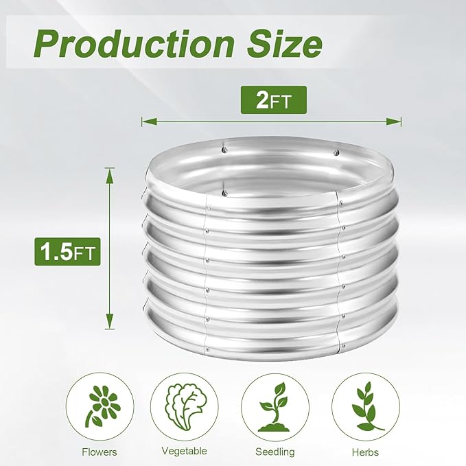 AHEONLAR 2 Pack 2x2x1.5ft Round Galvanized Raised Garden Bed Outdoor Metal Planter Box for Vegetables Steel Raised Beds for Gardening Silver