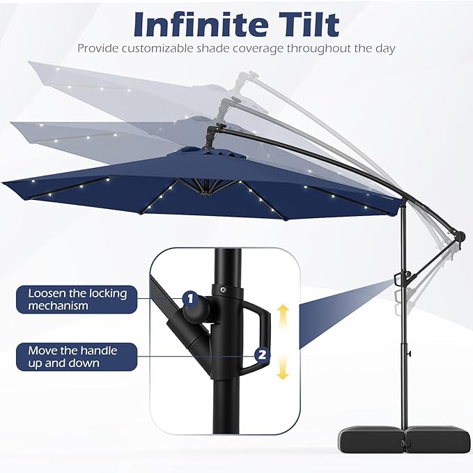 Tangkula 10ft Solar LED Patio Umbrella with Base, Offset Cantilever Outdoor Umbrella with 32 LED Lights, Infinite Tilt, 360 Degree Rotation, Crank Handle for Pool Deck Garden Backyard (Navy)