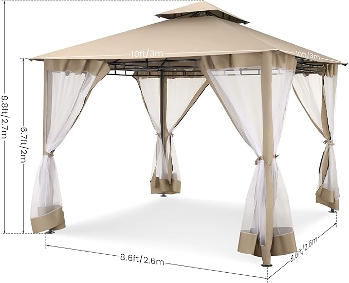 COBIZI Gazebo 10x10 Heavy Duty Gazebos with Improved Nettings Outdoor Gazebo Double Roof Patio Gazebos with Metal Steel Frame Outdoor Canopy for Patio, Deck, Backyard (Khaki)