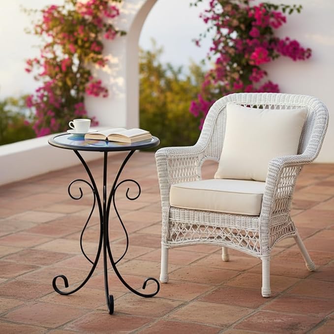 LIFFY Outdoor Side Table, 12" Glass Peacock Tabletop Patio Tables with Metal Frame, 21" Height Indoor Small Round Home Decorative Plant Stand Outside for Garden Patio Yard Porch