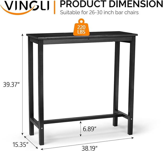 VINGLI Wooden Outdoor Bar Table, Wood Patio Counter Height Table, Weather-Resistant Patio Pub Table for Garden, Balcony, Poolside, Backyard, Indoor Use (Black, 39")