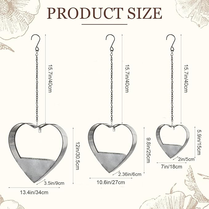 3 Pcs 3 Size Heart Metal Hanging Planter Indoor Outdoor, 13.4" 10.6" 7" Large Metal Plant Hangers Vintage Flower Pot with Hook Chain Drain Hole Gift for Gardener Women Mom Home Decor(Silver)