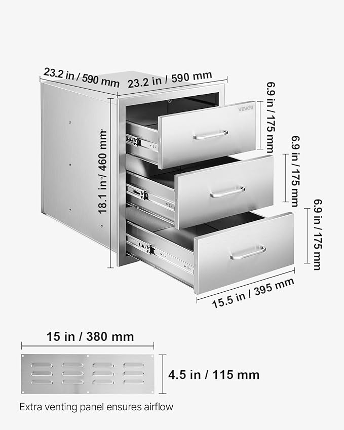 VEVOR Outdoor Kitchen Drawers 18.11" W x 23.23" D x 23.23" H, Triple-Access Stainless Steel Modular Drawer Cabinet with Handles, BBQ Island Drawer for Outdoor Kitchen or BBQ Island Patio Grill Station
