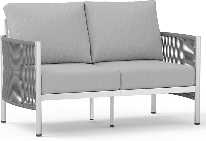 Aluminum Outdoor Patio Couch Loveseat, HDPE Rope Patio Sofa with Washable Thick Cushion, All-Weather Patio Furniture for Balcony, Yard, Silver Frame, Silver