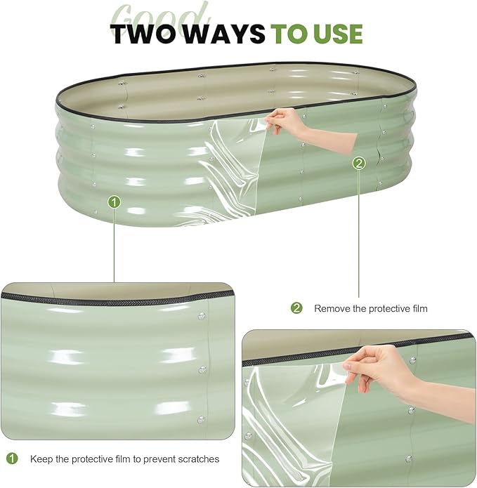 G GOOD GAIN Raised Garden Beds - 4x2x1ft Galvanized Planter Boxes Kit with Protective Tape & Gloves & Tools | Oval Metal Outdoor Raised Bed for Gardening Vegetables, Fruits, Flowers, Herbs, Green