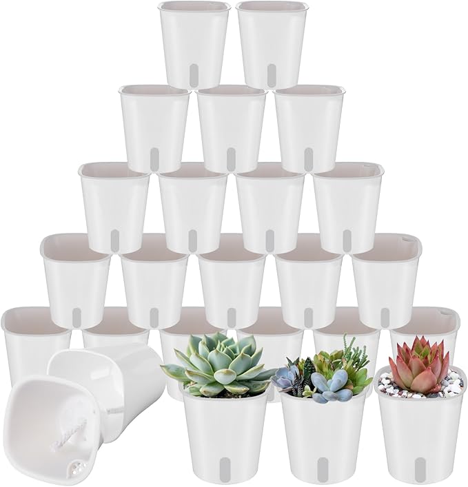 24 Pcs Self Watering Pots for Indoor Plants, 3 Inch White Plastic Self Watering Planters with Water Level Indicator - Perfect for Succulents