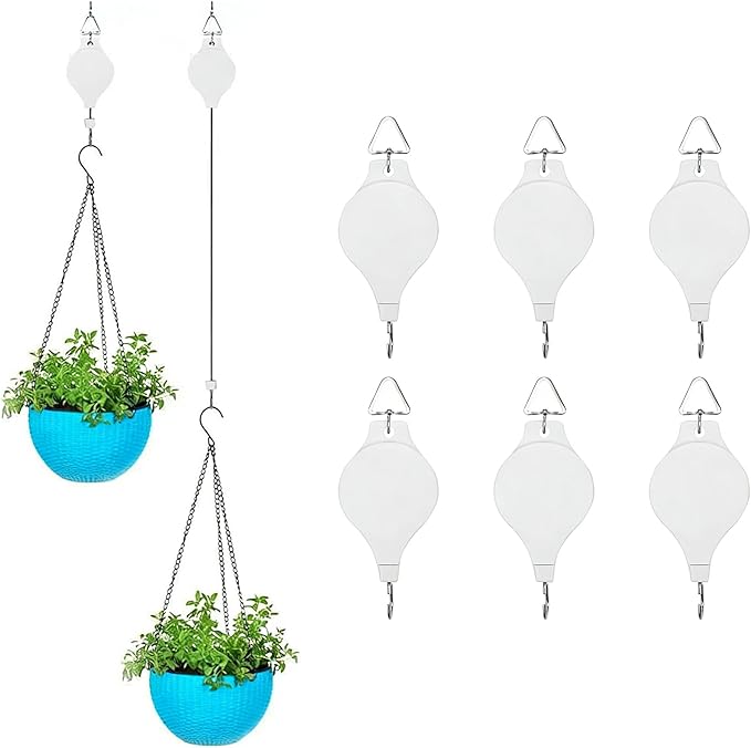 6PCS Retractable Plant Pulley Hanger - Adjustable Height Hook for Hanging Flower Baskets, Pots & Bird Feeders(6Pcs-White)