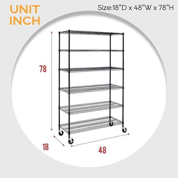 BestOffice | 6-Tier Wire Storage Shelves with Wheels | 18x48x78 | Black | Adjustable Racks | Heavy-Duty Metal Shelf, Holds Upto 600 lbs | No-Tool Assembly | Ideal for Home & Garage Shelving