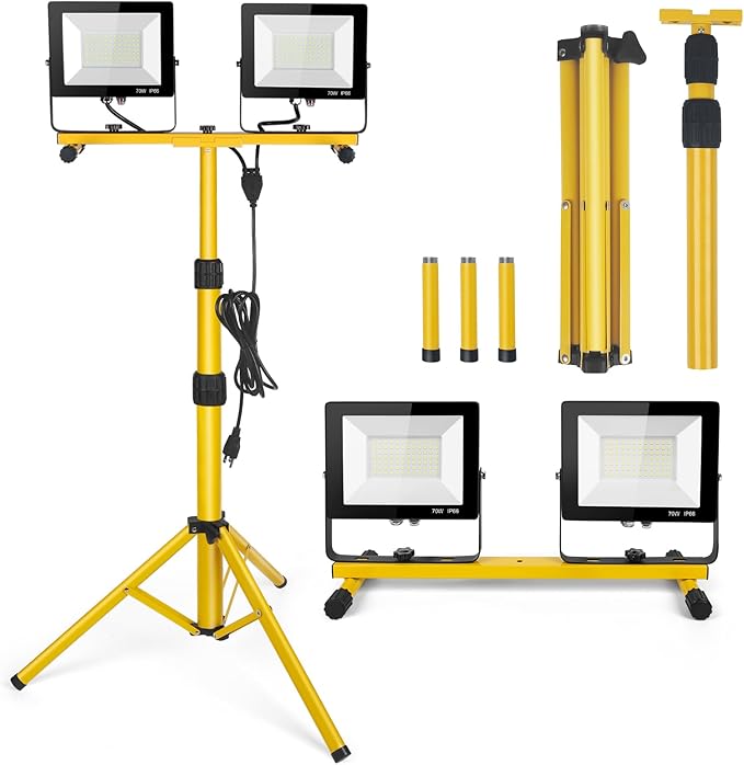 14000Lumen LED Work Lights with Stand - 2 Head Portable Work Light on Stand - IP66 Waterproof Tripod Worklights for Outdoor Indoor Job Site Workshop Garage Construction Site Lighting