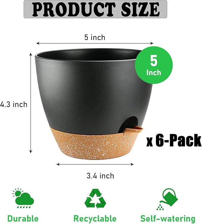 6-Pack Plant Pots with Drainage 5 Inch, Self Watering Pots for Indoor Plants, Planters for Indoor Outdoor Plants, Plastic Flower Pot, Planter for Indoor Outdoor (Black)