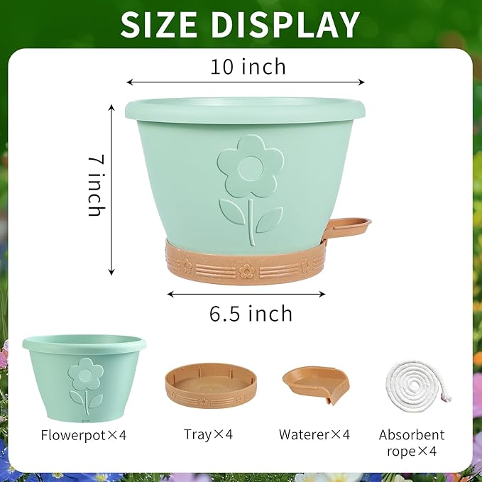 Plant Pots, Flower Pots for Indoor/Outdoor Plants, Self Watering Plastic Planters Pots with Drainage Holes, Saucer & Reservoir, Decorative Nursery Planting Pots(10 Inch Set of 4)