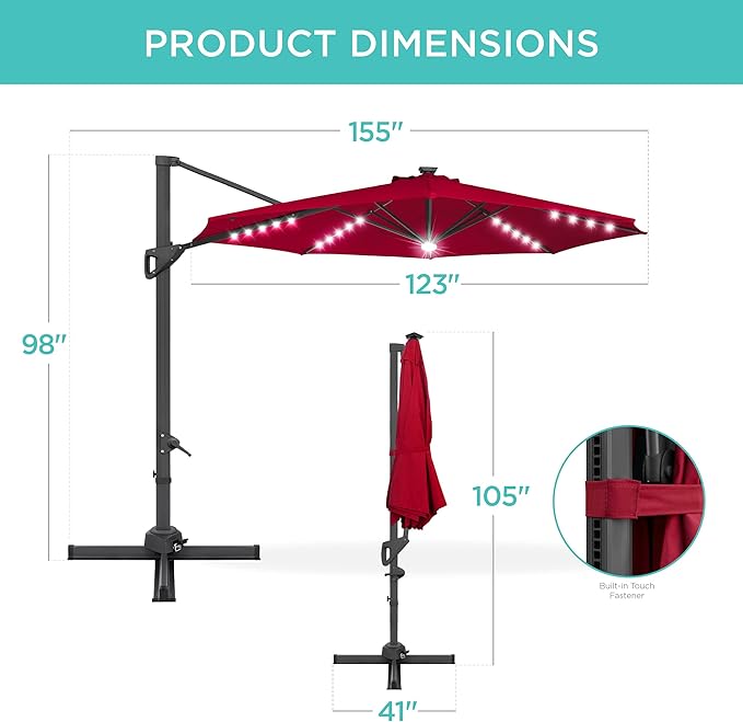 Best Choice Products 10ft Solar LED Cantilever Patio Umbrella, 360-Degree Rotation Hanging Offset Market Outdoor Sun Shade for Backyard, Deck, Poolside w/Lights, Easy Tilt, Cross Base