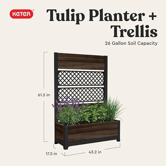Keter Outdoor Planter Box with Privacy Screen and Trellis – 26 Gallon Raised Garden Bed for Climbing Plants & Flowers – Wood-Look Resin, Weather-Resistant Divider for Patio, Balcony & Backyard