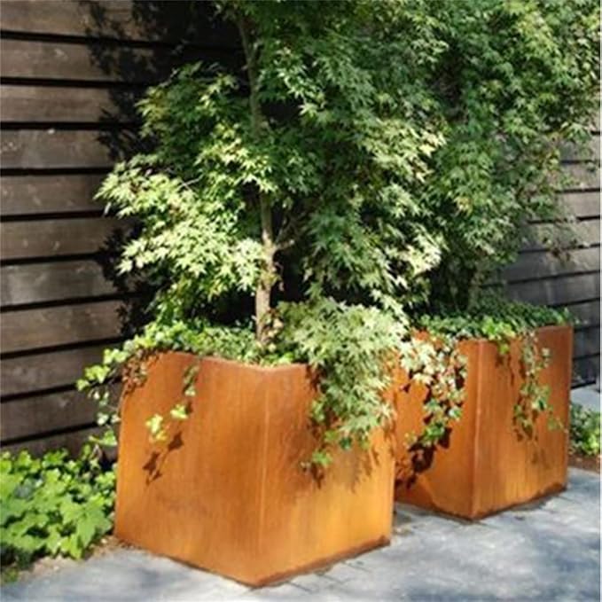Corten Steel Planter Box Metal Outdoor Planter Large Square Cube Rustic 32 Inch Planter Pot for Commercial Residential Tall Plant Patio Deck and Backyard