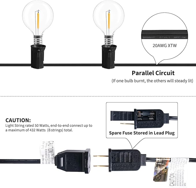 Brightown Led String Lights Outdoor 55Ft G40 Patio Lights with 52 Led Shatterproof Bulbs(2 Spare), Waterproof Led Globe Hanging Lights for Backyard Porch Bistro Balcony Decor, E12 Socket, 2200K