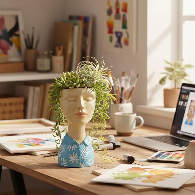 DiliComing Face Planter Pot Head Planter - Resin Blue Boy Head Planters for Indoor Outdoor Plants Decorative Flower Pot for Garden Home Office Bust Sculpture Plant Stand 5x6x10.5 Inch