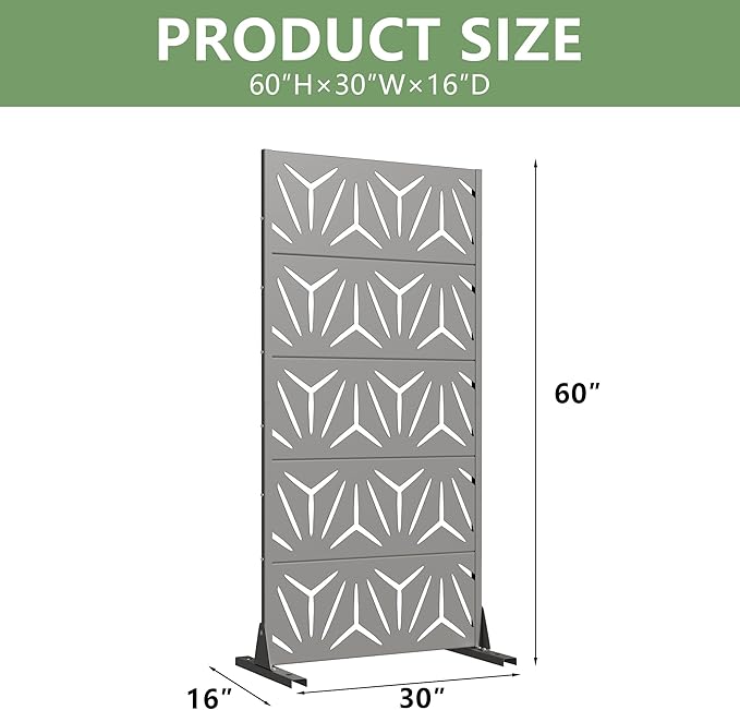 Casaphoria Metal Privacy Screen Outdoor, 60" H x 30" W Freestanding Decorative Privacy Screen for Patio Deck Balcony Garden with Stable Base, Grey-Star
