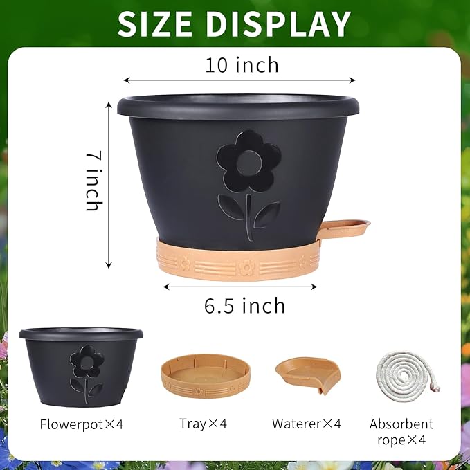 Plant Pots, Flower Pots for Indoor/Outdoor Plants, Self Watering Plastic Planters Pots with Drainage Holes, Saucer & Reservoir, Decorative Nursery Planting Pots(10 Inch Set of 4) (Black)