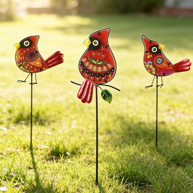 Decorative Garden Stakes,Set of 3 Cardinal Stained Glass Metal Yard Art,Waterproof Outdoor Decor Housewarming Present for Women Mom Grandma
