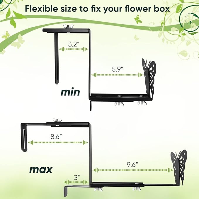 Planter Box Bracket, Adjustable Hang Window Box Holder with Butterfly, Hanging Flower Pot Stand Brackets for Outdoor Patio Garden Fence Pergola Balcony Supporting Heavy Planters-4Pack