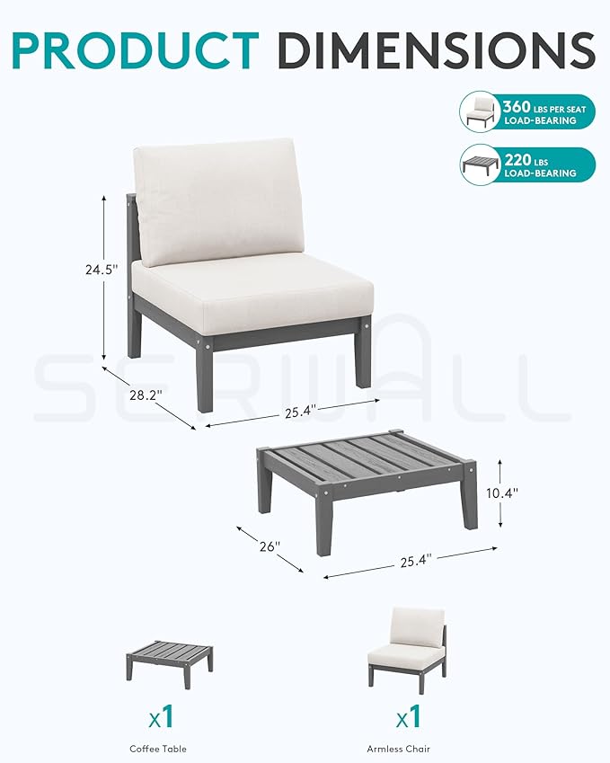 SERWALL HDPE Patio Furniture Set, 2 Pieces Outdoor Sectional Sofa Set, All-Weather Wood-Like Outdoor Sofa Couch with Coffee Table for Deck, Lawn, Grey Frame with Khaki Cushion