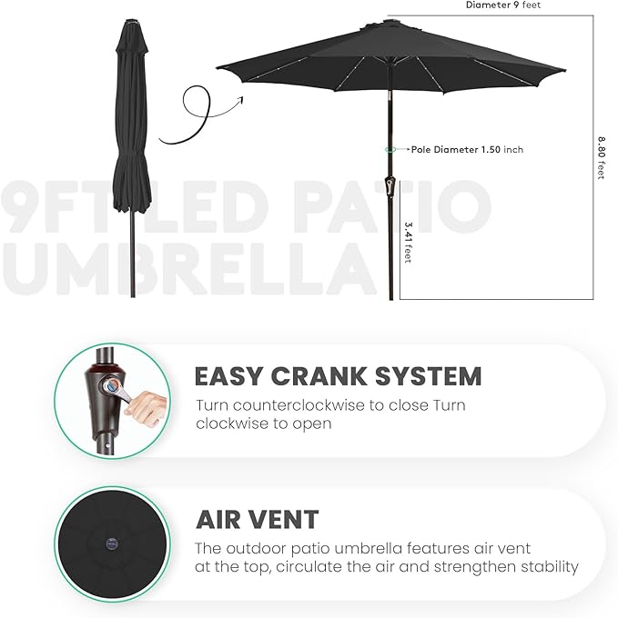JEAREY 9FT Outdoor Patio Umbrella with Solar Lights, LED Lighted Pool Umbrella with Tilt and Crank, Outdoor Table Umbrellas for Deck, Yard & Market (Jet Black)